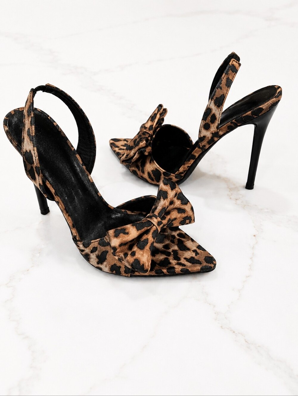 Leopard Print Slingback Stiletto Heels with Bow